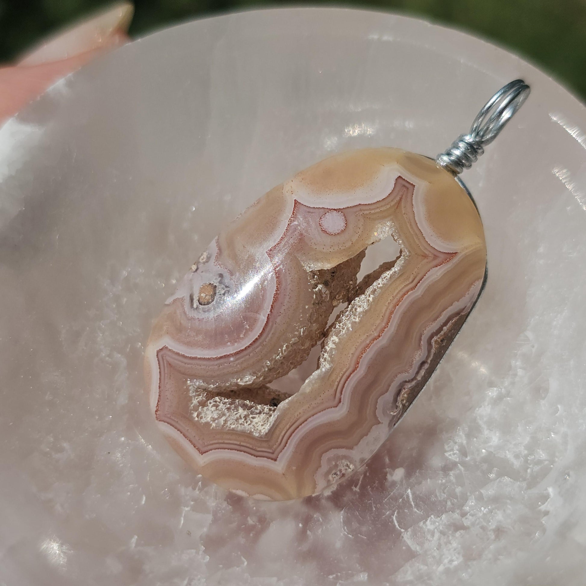 Sunset Laguna Agate Pendant w Druzy in Simple Sterling Silver Setting <100