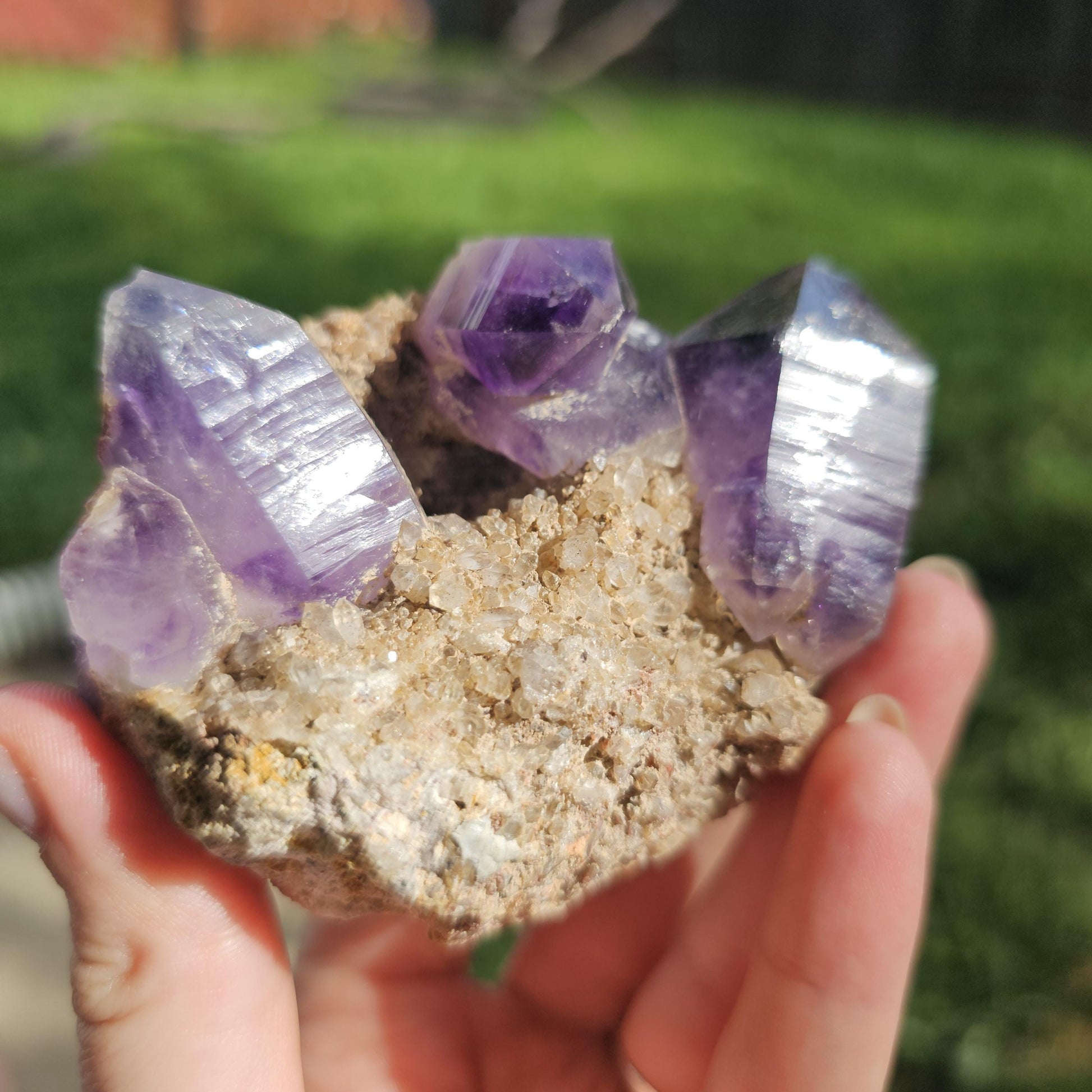 Orange River Amethyst Cluster on Quartz Matrix with Display Stand