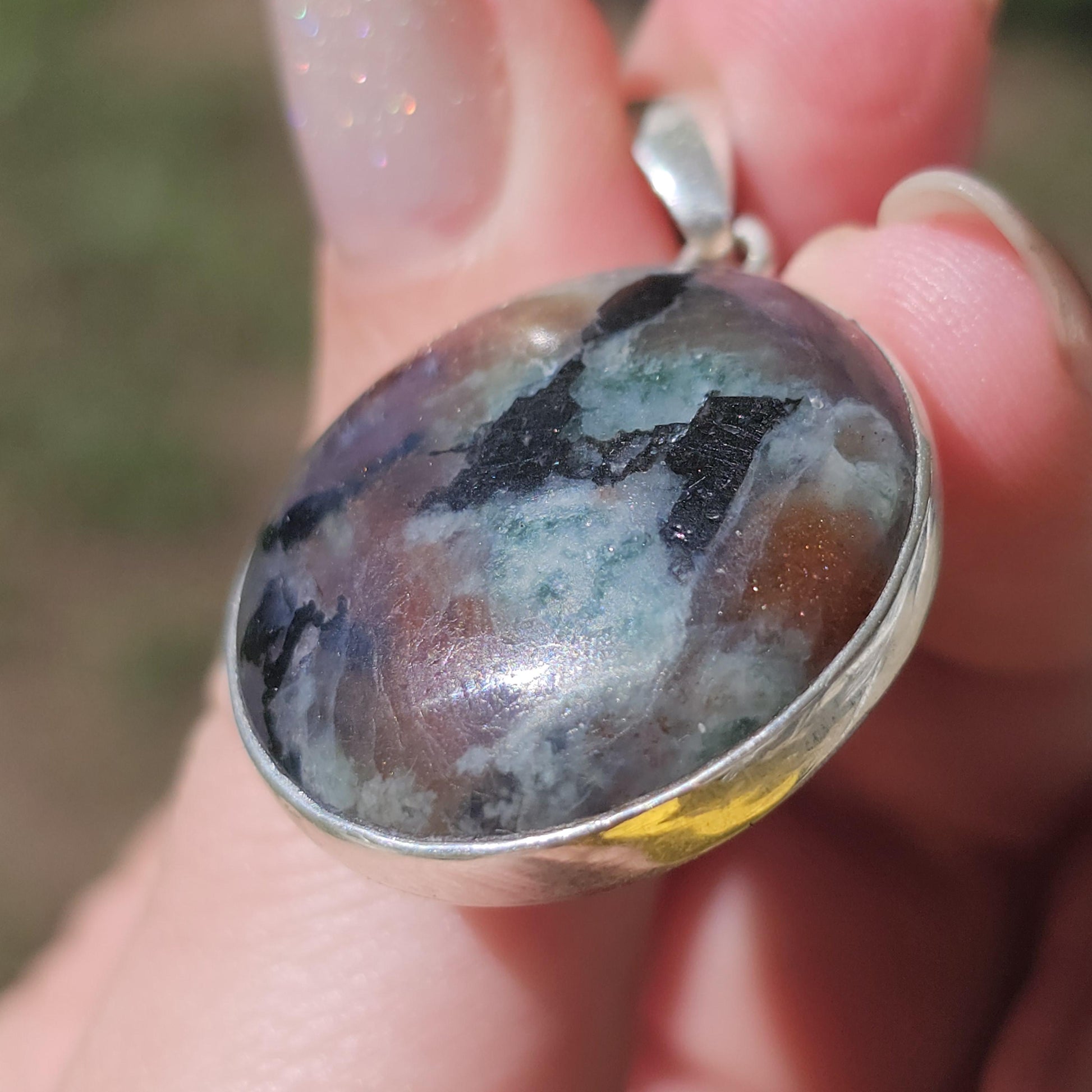 Cordierite Pendant in Sterling Silver, Bezel Set Rare Sunstone Iolite Feldspar from Norway