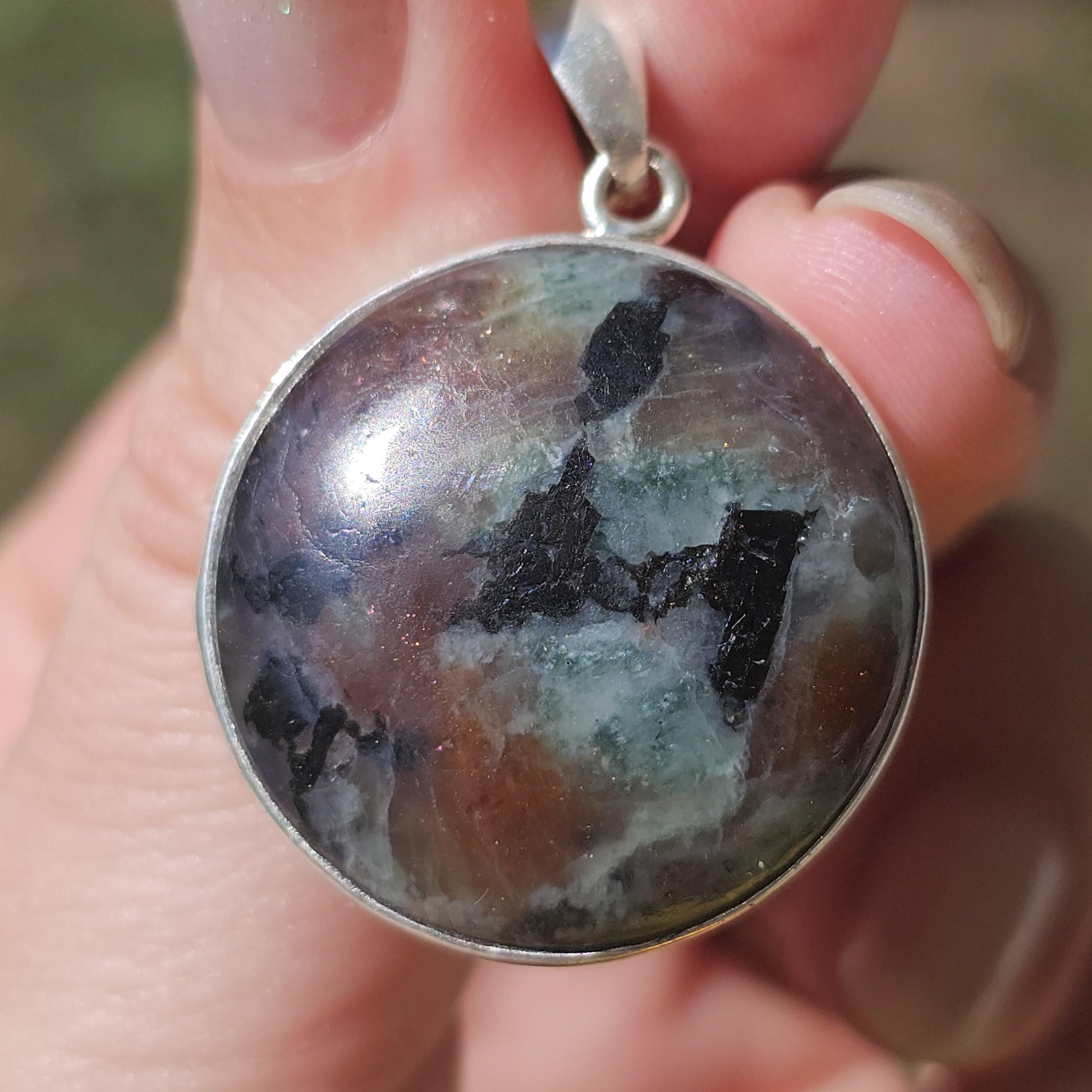 Cordierite Pendant in Sterling Silver, Bezel Set Rare Sunstone Iolite Feldspar from Norway