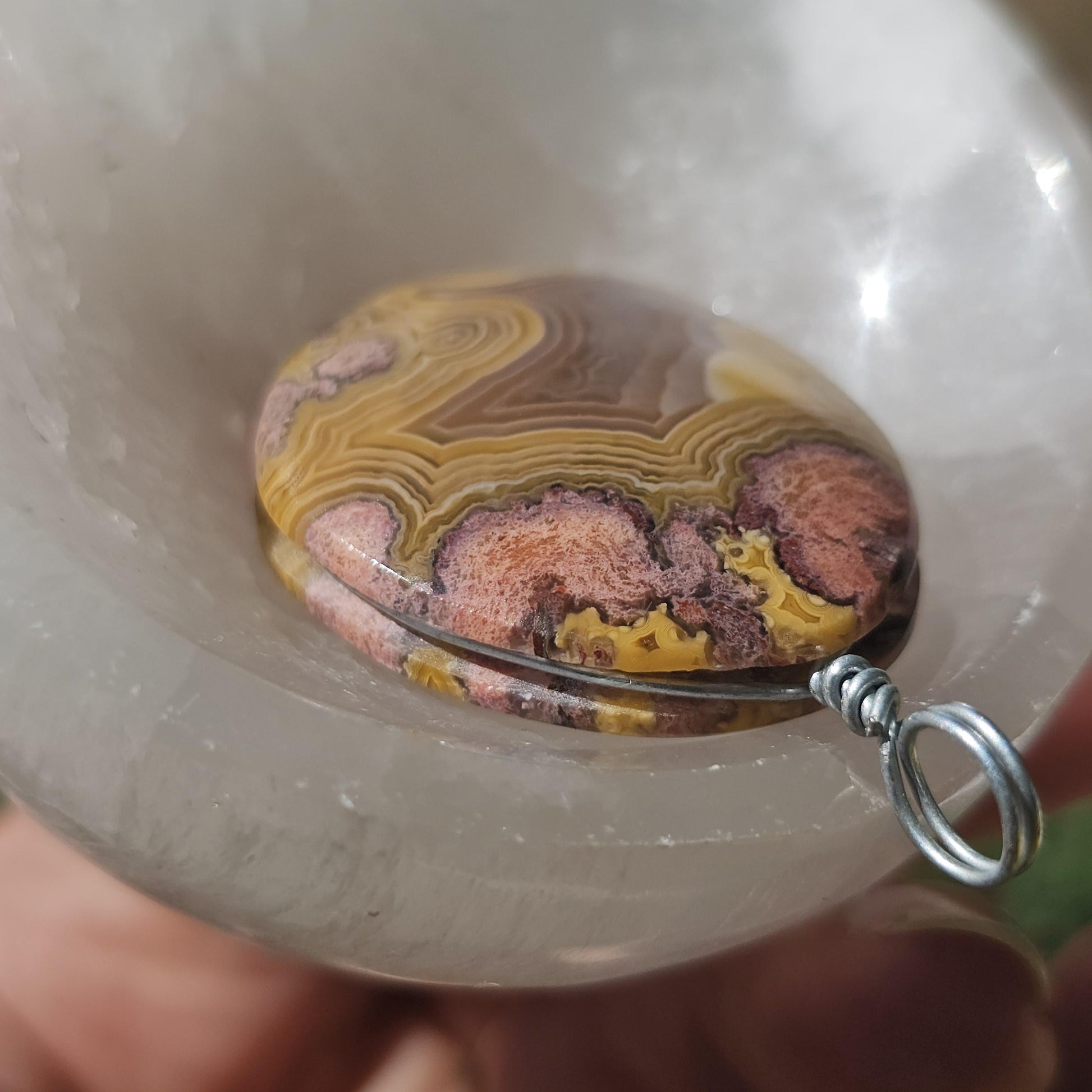 Sunset Laguna Agate Pendant w Druzy in Simple Sterling Silver Setting