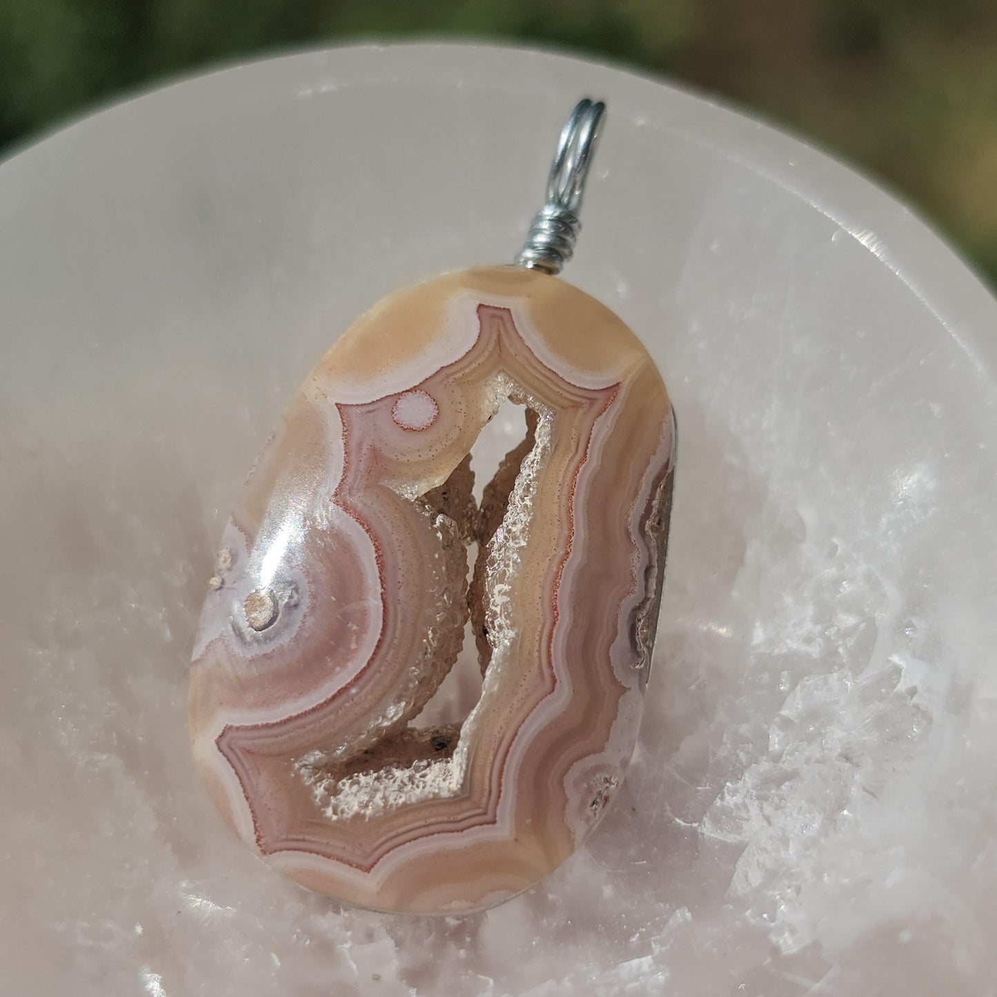 Sunset Laguna Agate Pendant w Druzy in Simple Sterling Silver Setting <100