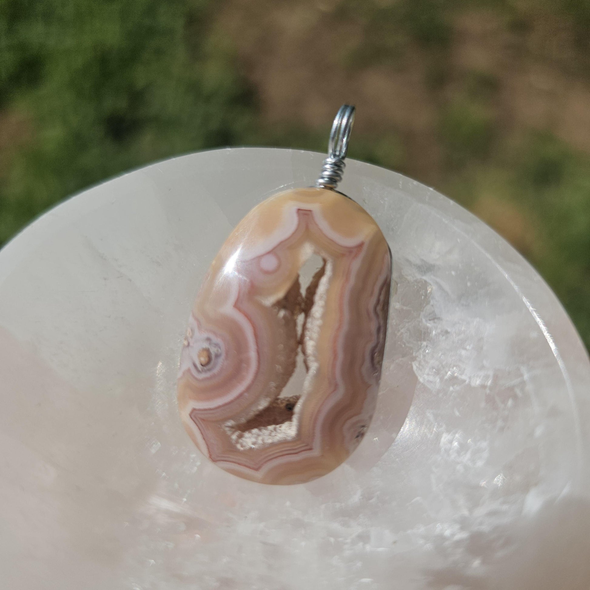Sunset Laguna Agate Pendant w Druzy in Simple Sterling Silver Setting <100