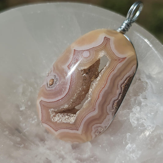 Sunset Laguna Agate Pendant w Druzy in Simple Sterling Silver Setting <100