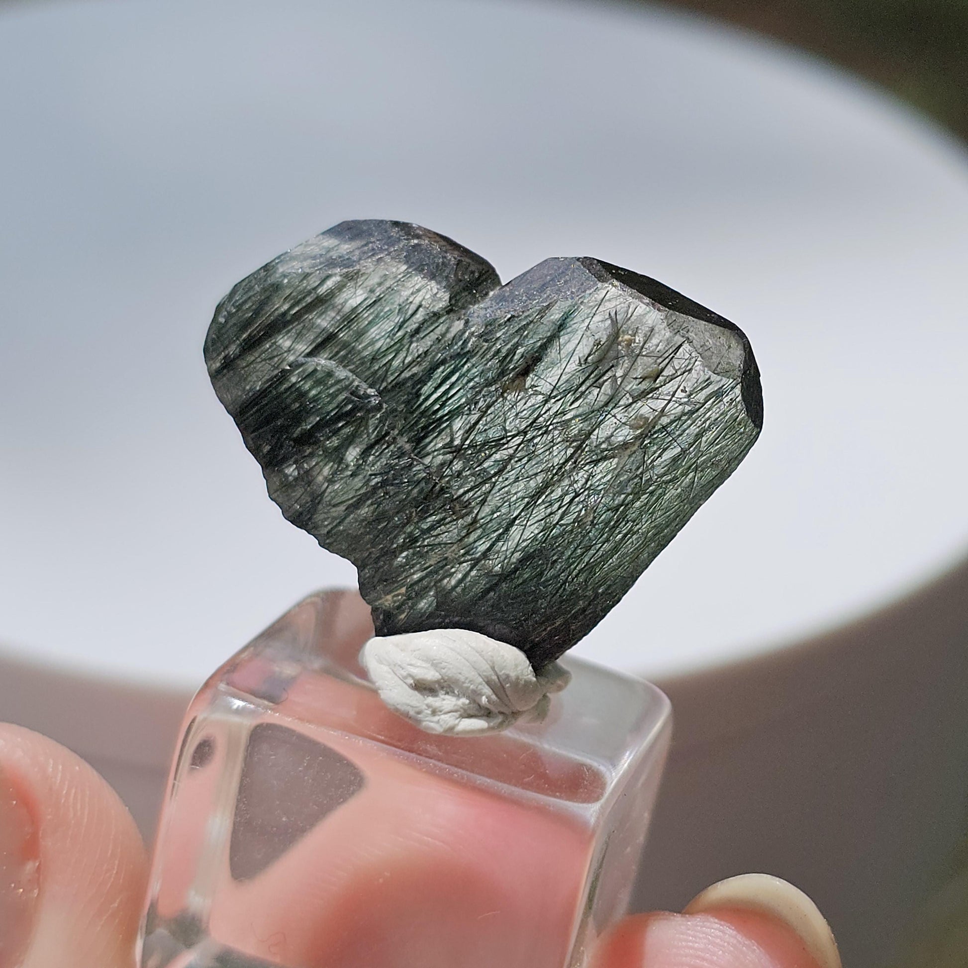 Apatite with Actinolite, Rutile-like Inclusions, Rare Lavender Twinned Crystal in Heart Shape with Forest Green Inside, Collector Specimen