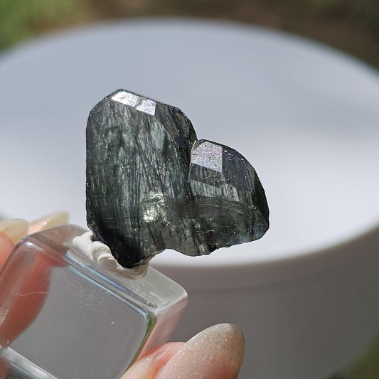 Apatite with Actinolite, Rutile-like Inclusions, Rare Lavender Twinned Crystal in Heart Shape with Forest Green Inside, Collector Specimen