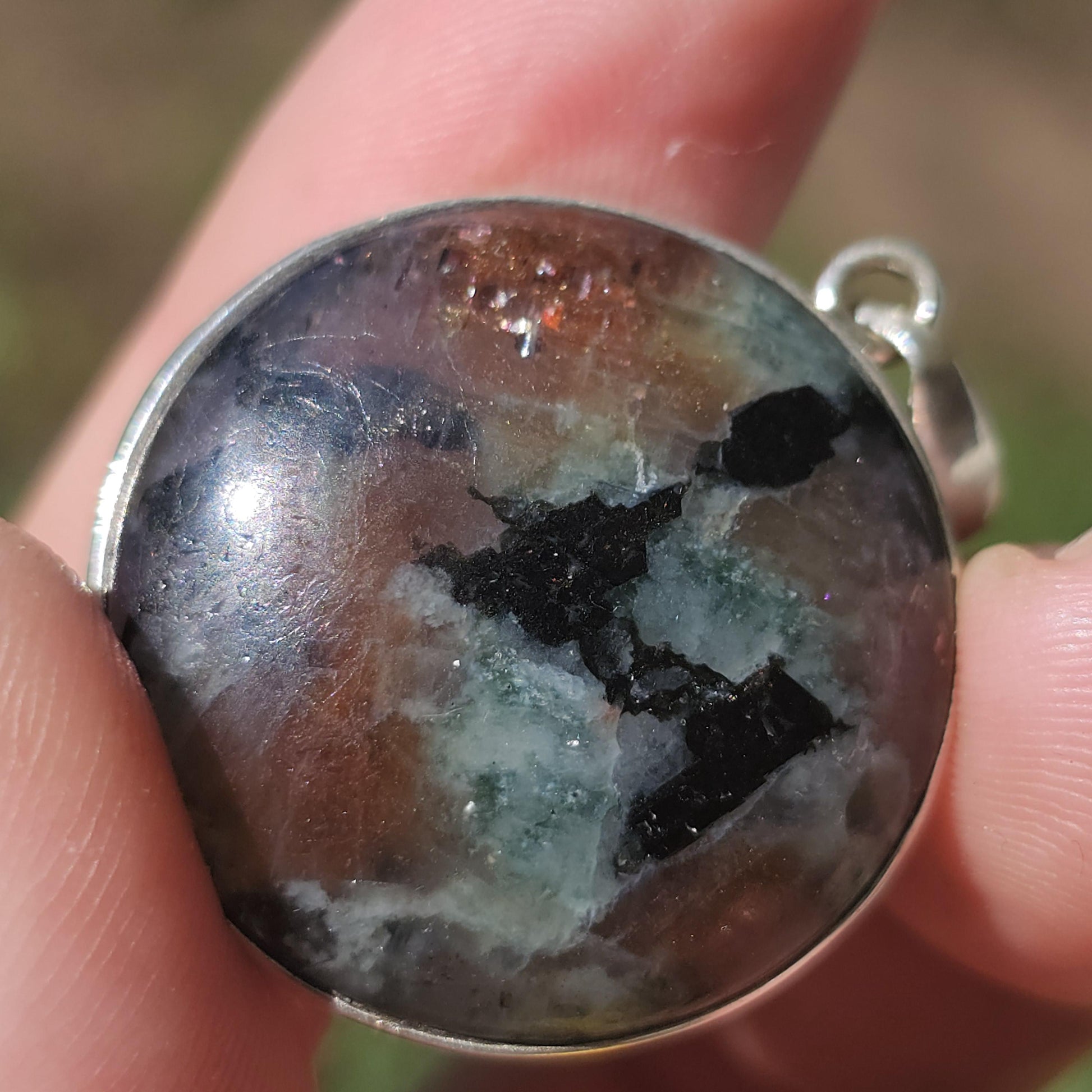 Cordierite Pendant in Sterling Silver, Bezel Set Rare Sunstone Iolite Feldspar from Norway