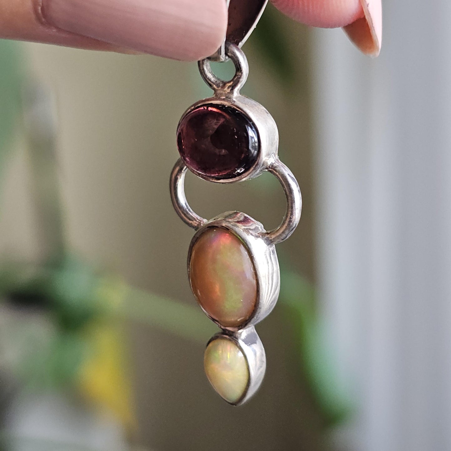 Opal and Garnet Pendant ~ Goddess Shape 925 Sterling Silver with Deep Red Garnet Cabochon and Welo Opals