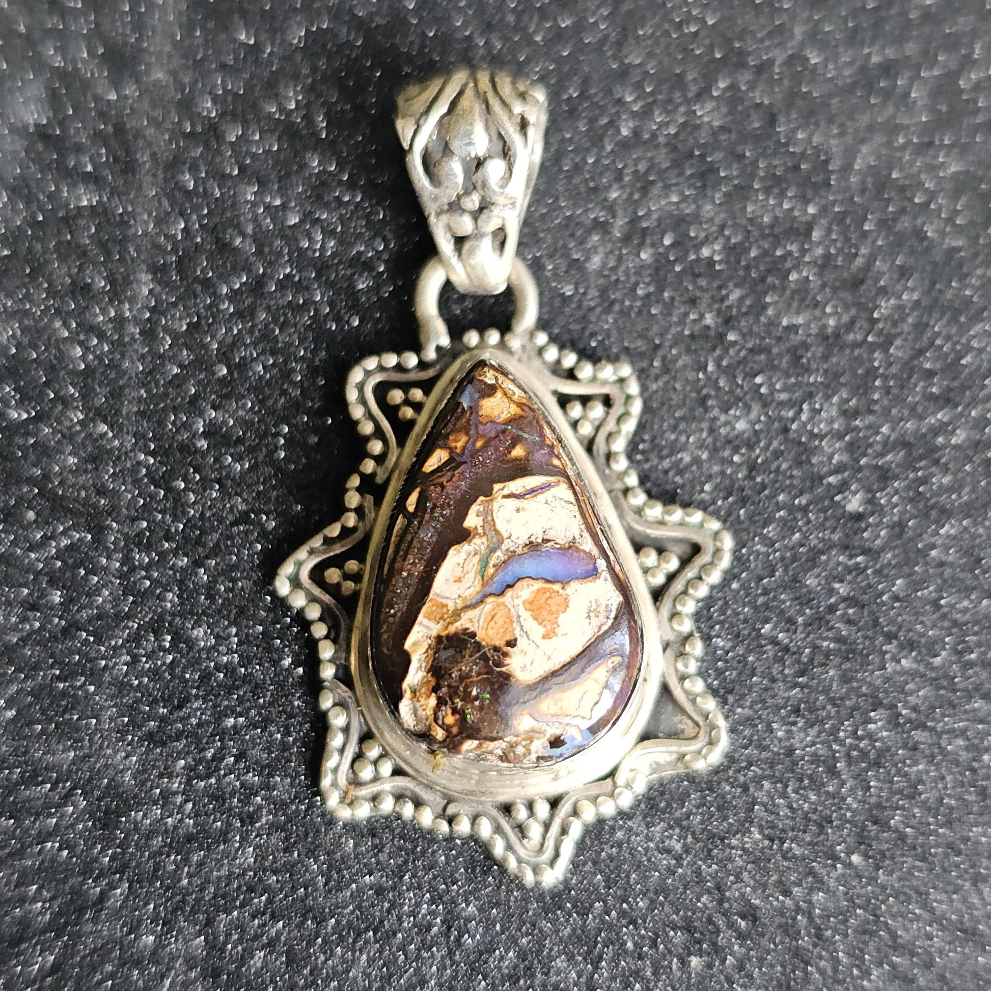 Vintage Boulder Opal Pendant in Sterling, Teardrop Shaped with Designer 925 Silver work
