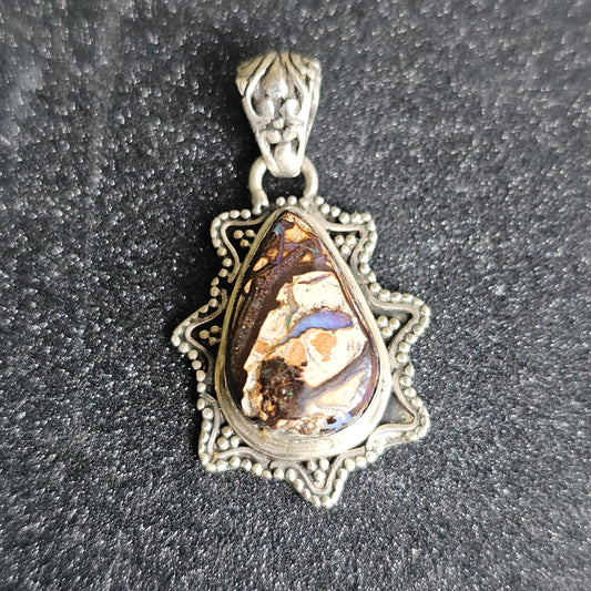 Vintage Boulder Opal Pendant in Sterling, Teardrop Shaped with Designer 925 Silver work