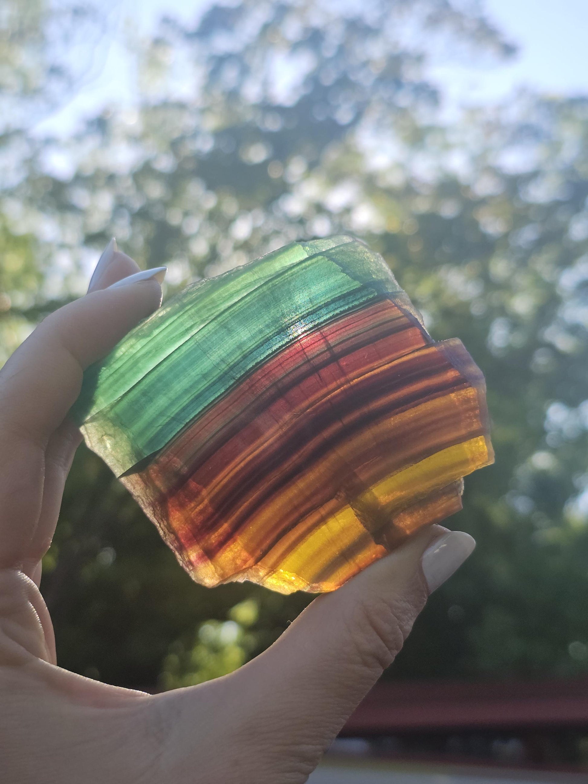 Rainbow Fluorite Slab ~ Yellow, Green, Blue, Purple Striped and Polished Piece
