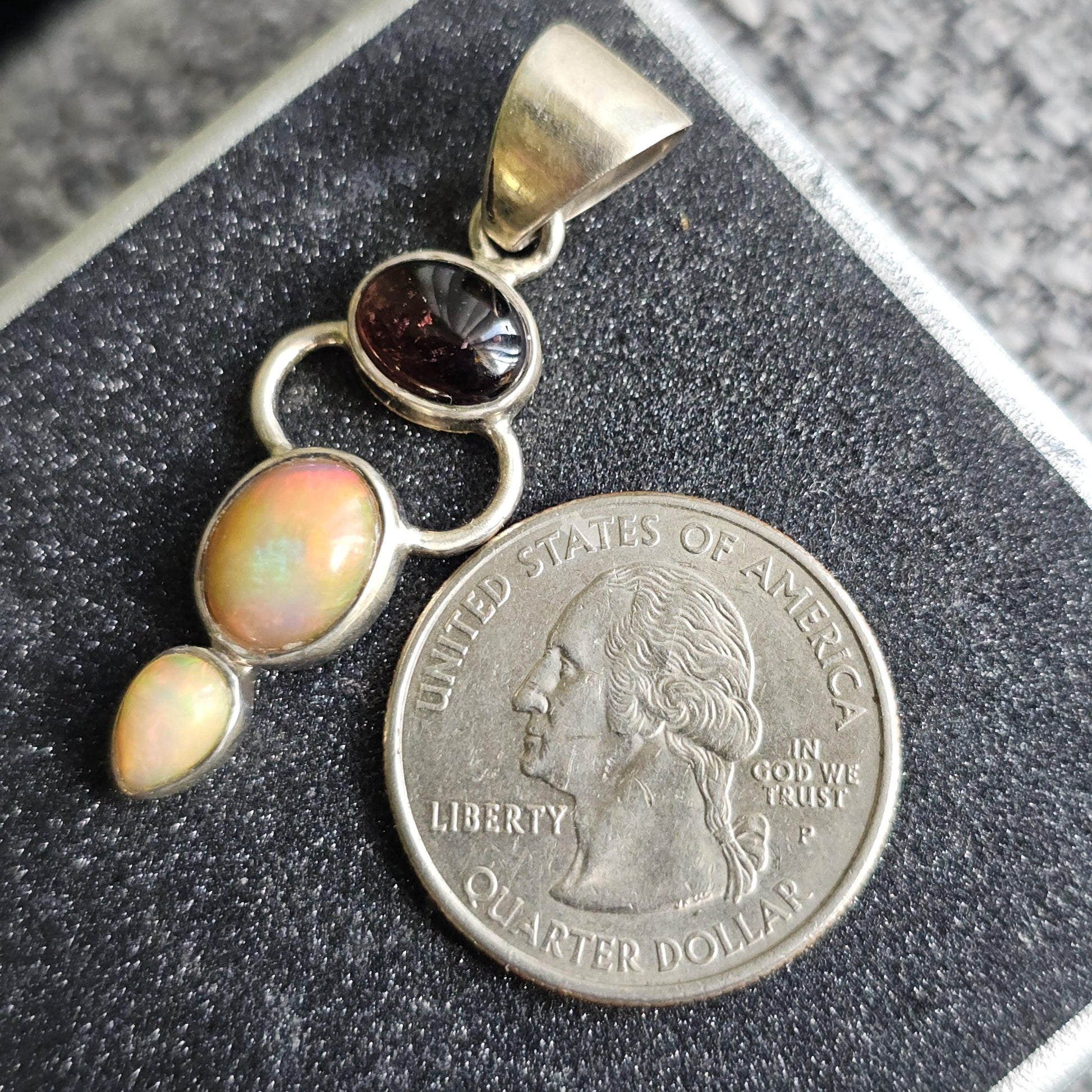 Opal and Garnet Pendant ~ Goddess Shape 925 Sterling Silver with Deep Red Garnet Cabochon and Welo Opals