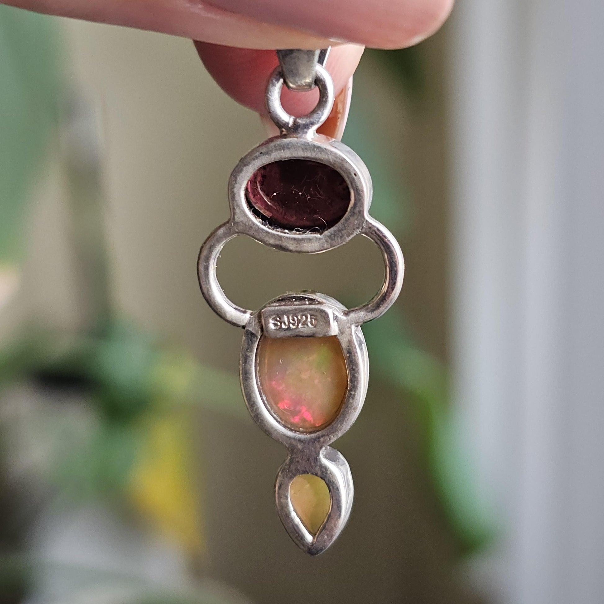 Opal and Garnet Pendant ~ Goddess Shape 925 Sterling Silver with Deep Red Garnet Cabochon and Welo Opals
