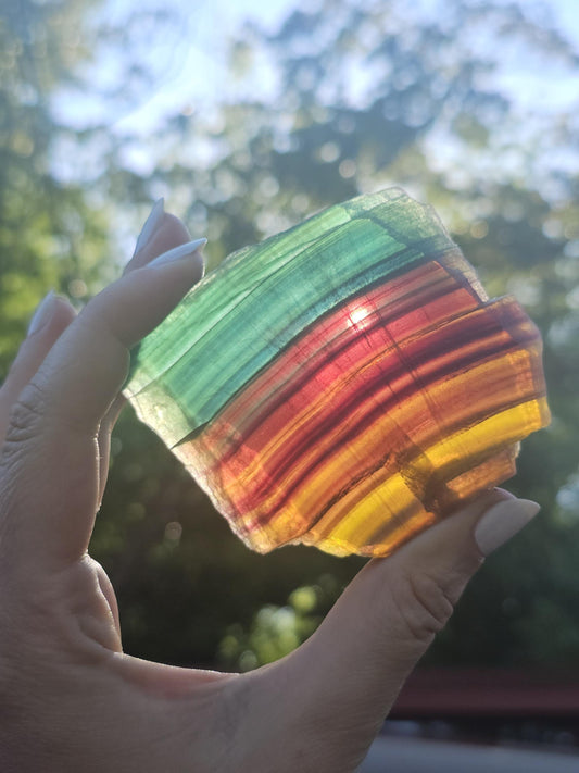 Rainbow Fluorite Slab ~ Yellow, Green, Blue, Purple Striped and Polished Piece