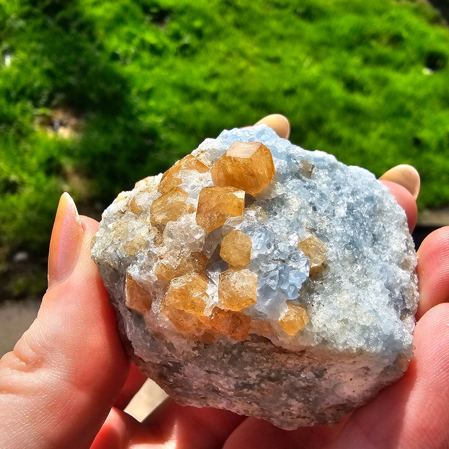 Orange Garnet on Blue Calcite, Rare Old Stock High Color Contrast, Natural Mineral Crystal Specimen from Kenya