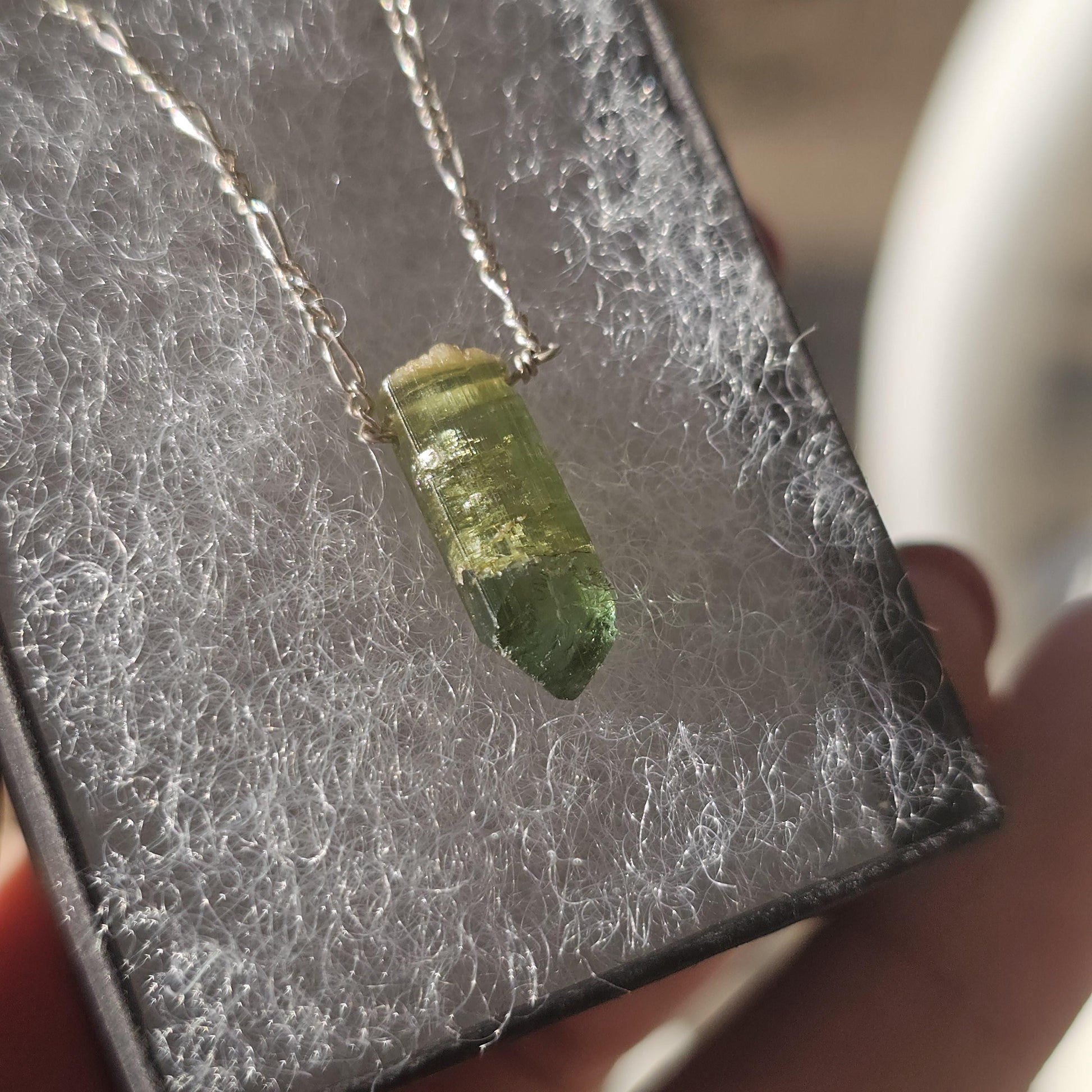 California Green Tourmaline Necklace: Raw Verdelite Crystal, Sterling Silver