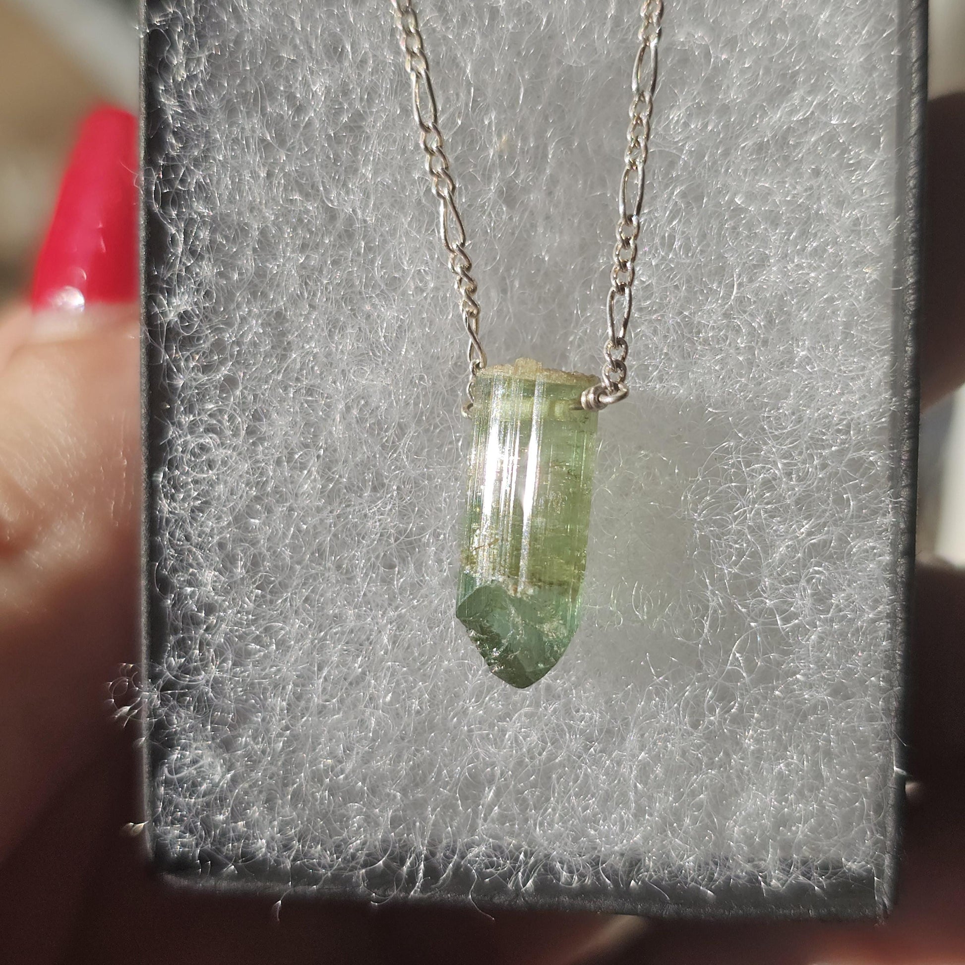California Green Tourmaline Necklace: Raw Verdelite Crystal, Sterling Silver