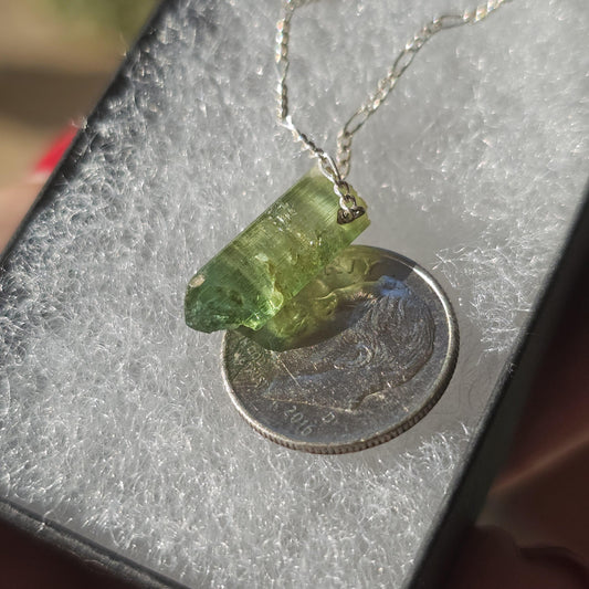 California Green Tourmaline Necklace: Raw Verdelite Crystal, Sterling Silver