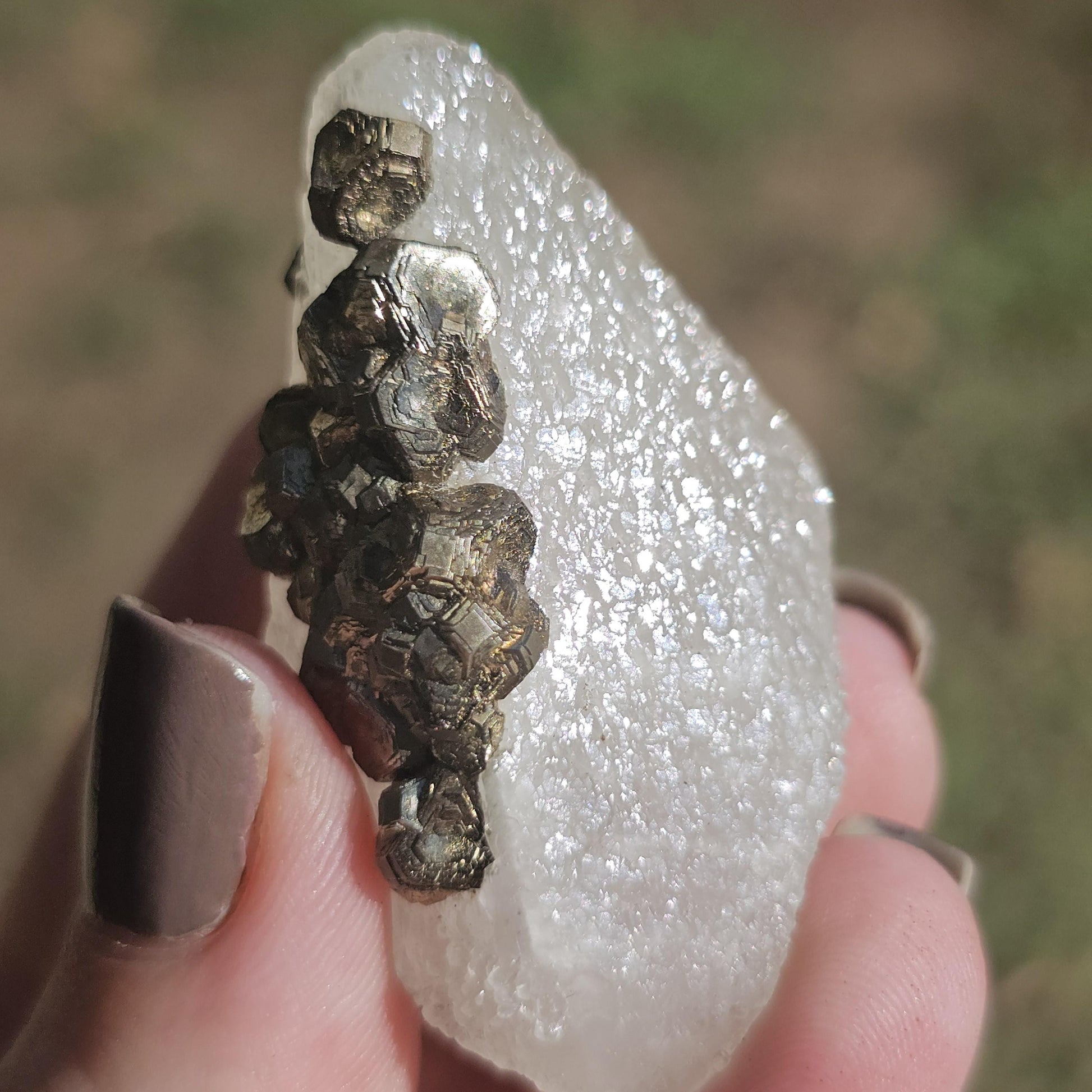 Calcite with Pyrite Crystals from Mexico, Single Terminated Sugary White Calcite with Clusters of Pyrite