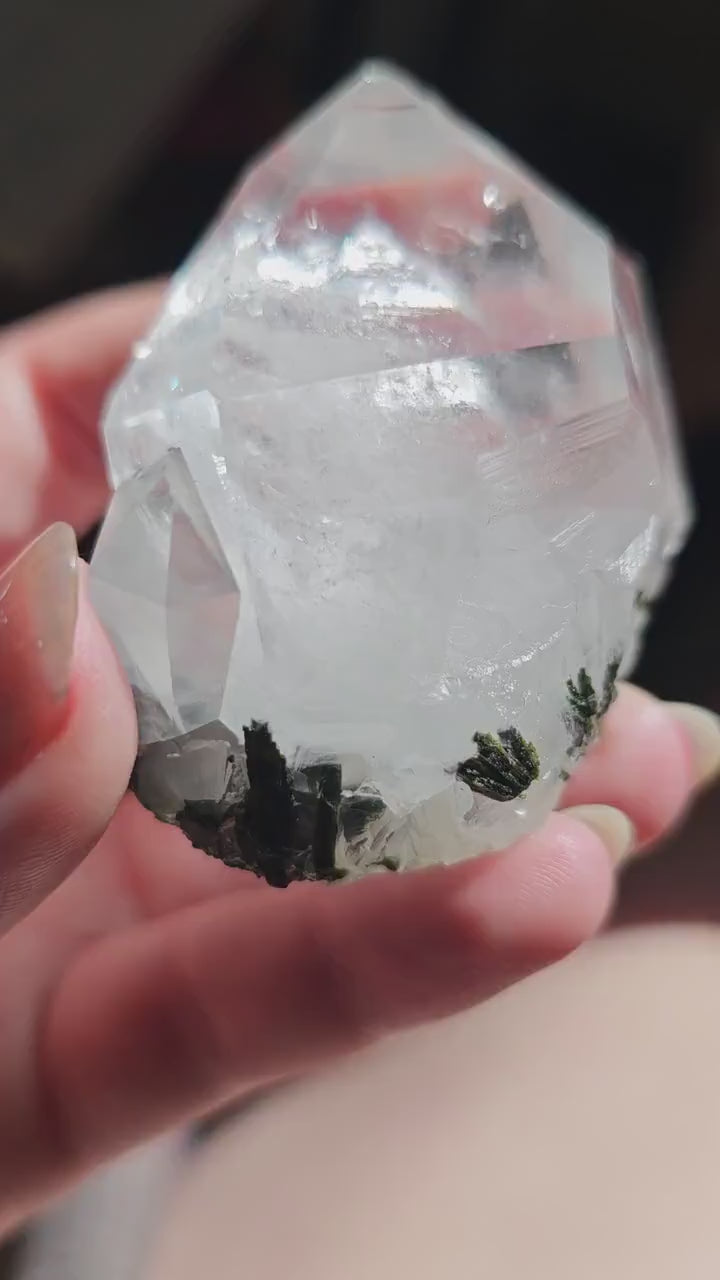 102g Clear Quartz and Epidote, Raw Rare Crystal Combo, Glassy, Terminated Specimen with Twins, Sidecar Crystal, Forest Green and White Clear