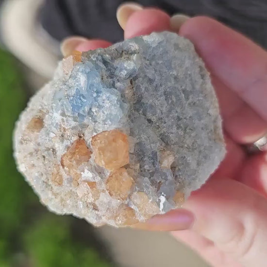 Orange Garnet on Blue Calcite, Rare Old Stock High Color Contrast, Natural Mineral Crystal Specimen from Kenya