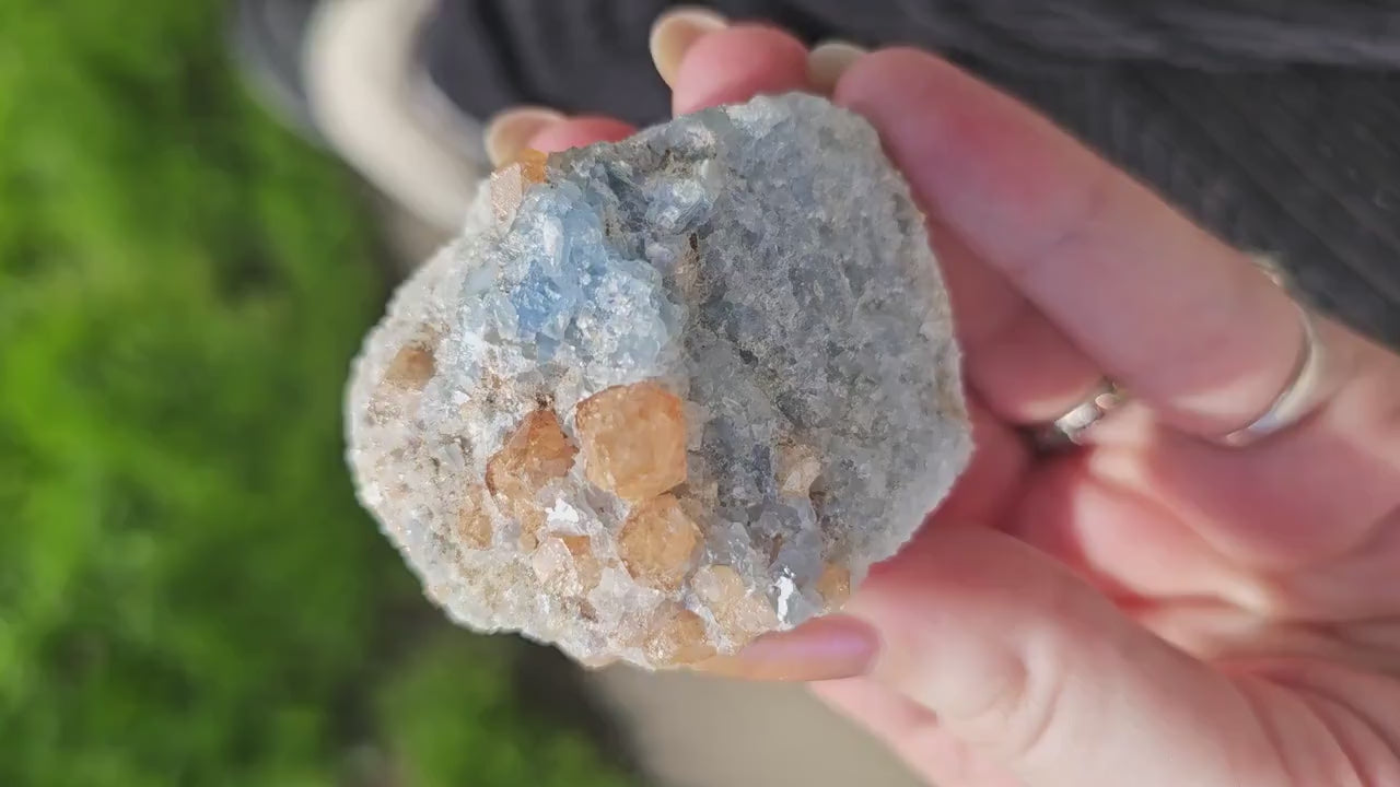 Orange Garnet on Blue Calcite, Rare Old Stock High Color Contrast, Natural Mineral Crystal Specimen from Kenya