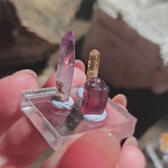 Colorful Gemstones Set, Cute Raw Precious Stone Crystals | Rubellite Tourmaline, Imperial Topaz Brazil, & Purple Vera Cruz Amethyst Point