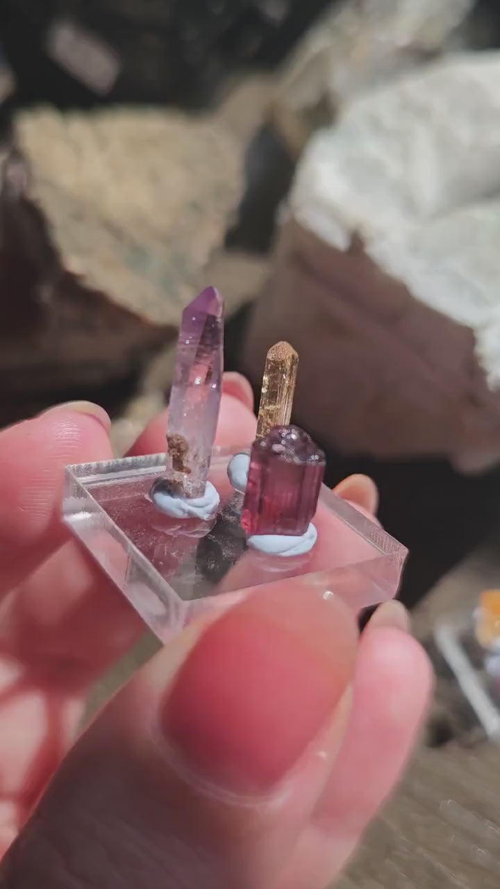 Colorful Gemstones Set, Cute Raw Precious Stone Crystals | Rubellite Tourmaline, Imperial Topaz Brazil, & Purple Vera Cruz Amethyst Point