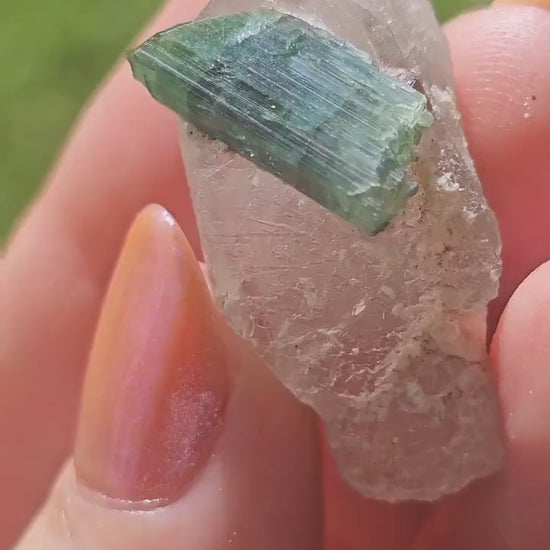 Blue Tourmaline on Quartz, 7.7g Crystal Combo, Indicolite and Rubellite on Clear Quartz, Terminated Crystals, Catseye Chatoyant Gem, Brazil