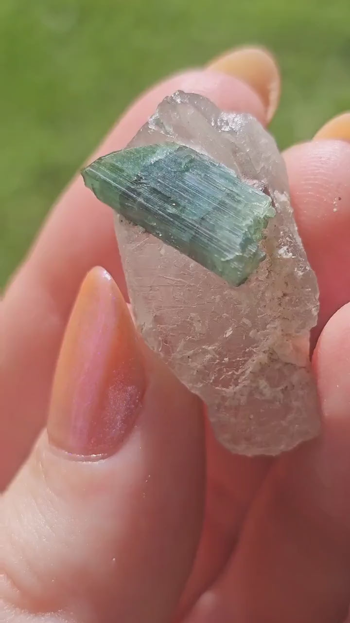 Blue Tourmaline on Quartz, 7.7g Crystal Combo, Indicolite and Rubellite on Clear Quartz, Terminated Crystals, Catseye Chatoyant Gem, Brazil