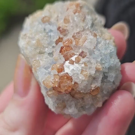 Orange Garnet on Blue Calcite, Rare Old Stock High Color Contrast, Natural Mineral Crystal Specimen from Kenya