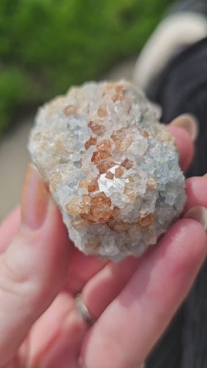 Orange Garnet on Blue Calcite, Rare Old Stock High Color Contrast, Natural Mineral Crystal Specimen from Kenya