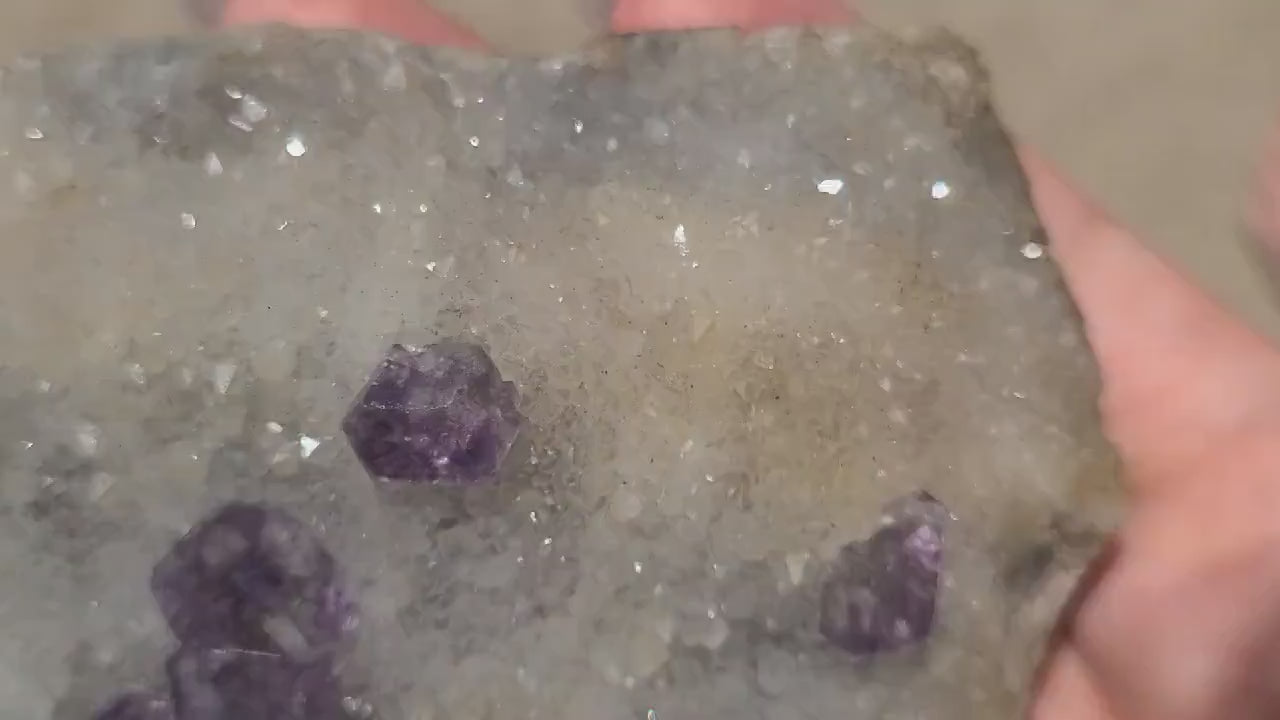 Gemmy Fluorite on Quartz Druzy with Matrix | Beautiful, Rare Self Standing Cabinet Display Crystal Combo on Matrix