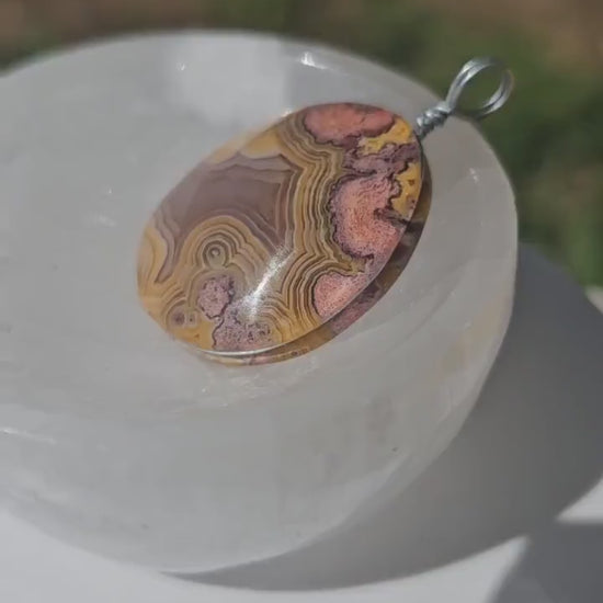 Sunset Laguna Agate Pendant w Druzy in Simple Sterling Silver Setting