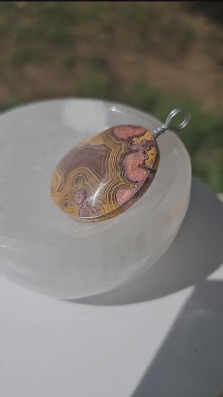 Sunset Laguna Agate Pendant w Druzy in Simple Sterling Silver Setting