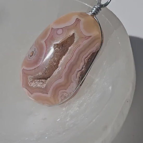 Sunset Laguna Agate Pendant w Druzy in Simple Sterling Silver Setting <100