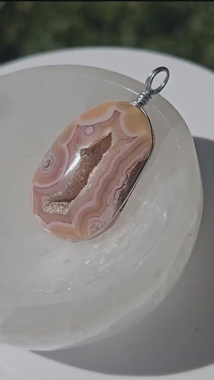 Sunset Laguna Agate Pendant w Druzy in Simple Sterling Silver Setting <100