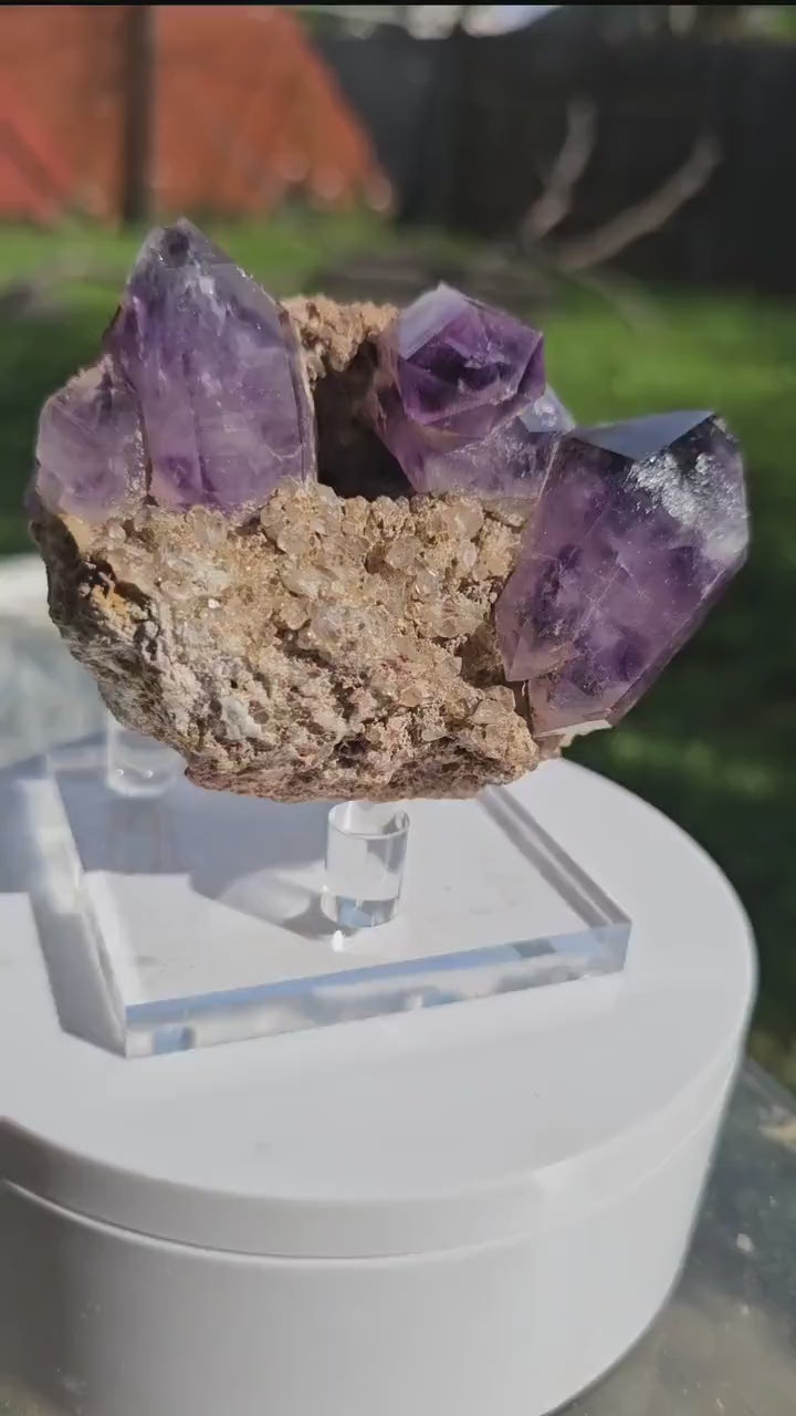 Orange River Amethyst Cluster on Quartz Matrix with Display Stand