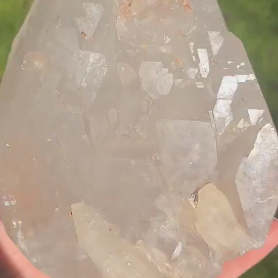 RESERVED for Bernhard Lemurian Quartz w Pink Mineral Coating, Rainbows | BIG Tabby Double Terminated Grid Centerpiece Collector Crystal