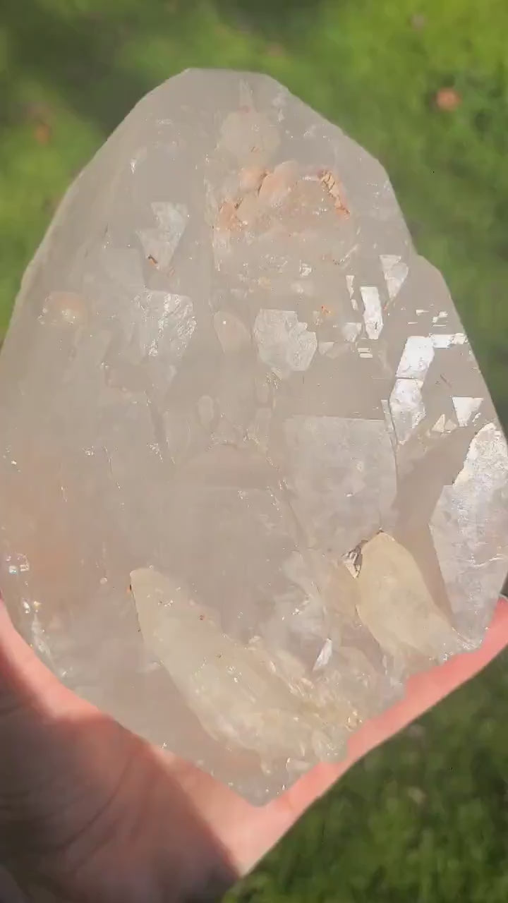 RESERVED for Bernhard Lemurian Quartz w Pink Mineral Coating, Rainbows | BIG Tabby Double Terminated Grid Centerpiece Collector Crystal